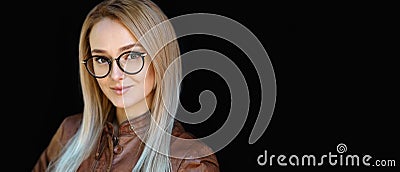 Female Eyeglasses, Portrait of beautiful smiling young woman wearing black stylish optical design glasses frame Stock Photo