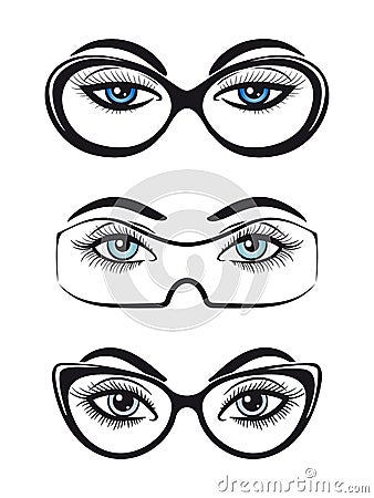 Female eyes with glasses set Vector Illustration