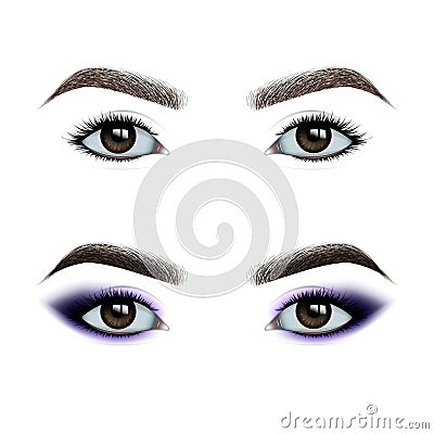 Female eyes before and after makeup. a set of eye shadow. Cartoon Illustration