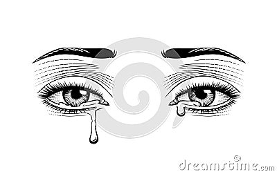 Female eyes weeping eyes with tears isolated on white Vector Illustration