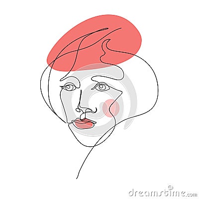 Female face drawn in one line. Woman in a coral beret. Continuous line. Vector Illustration