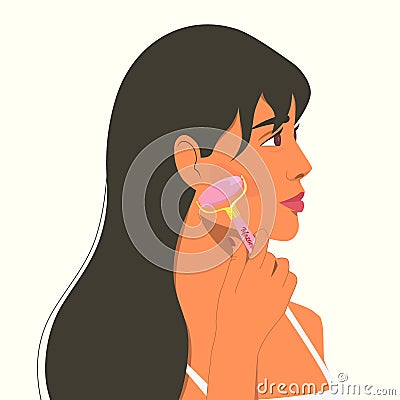 Female face and jade roller flat color vector illustration Cartoon Illustration