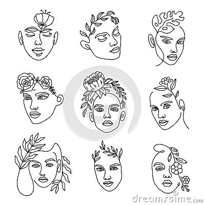 Female face line with flowers. Continuous lines art with woman minimalist portraits with bouquet in hairs. Fashion Vector Illustration