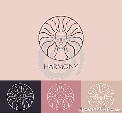 Female face logo. Emblem for a beauty or yoga salon. Style of harmony and beauty. Vector illustration Stock Photo