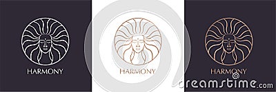 Female face logo. Emblem for a beauty or yoga salon. Style of harmony and beauty. Vector illustration Stock Photo