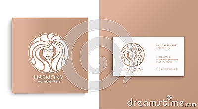 Female face logo. Emblem for a beauty or yoga salon. Style of harmony and beauty. Vector illustration Stock Photo