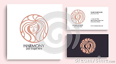 Female face logo. Emblem for a beauty or yoga salon. Style of harmony and beauty. Vector illustration Stock Photo