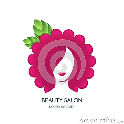 Female face silhouette on flower or raspberry background. Vector Illustration