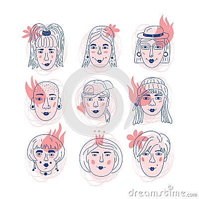 Female faces icons, Informal girls Feminism. Unique hand drawn style, Women`s faces, Vector illustration Vector Illustration