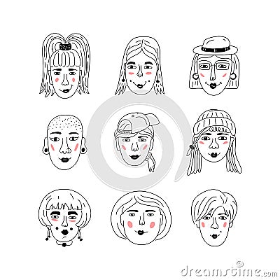 Female faces icons, Informal girls, Punk rock women Feminists. Cute Funny hand-drawn characters, Women`s faces, Vector Vector Illustration