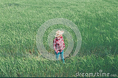 Female farmer agronomist posing in cultivated barley crop field Stock Photo