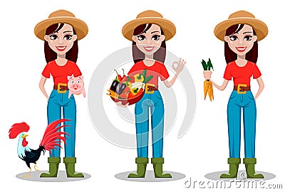 Female farmer cartoon character, set of three poses. Vector Illustration