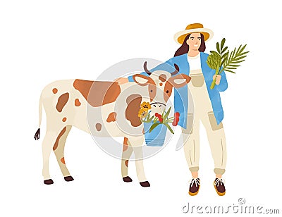 Female farmer character standing near cow. Woman feeding farm animal. Cute rural scene with shepherdess hugging adorable Vector Illustration