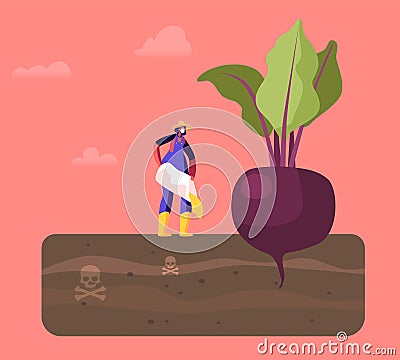 Female Farmer Character in Working Robe Pour Out Poisonous Fertilizer into Soil with Huge Beetroot Growing in Toxic Land Vector Illustration