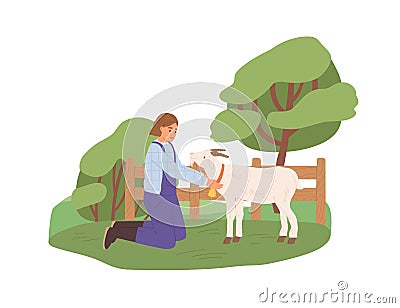 Female farmer with goat on yard. Happy woman in uniform and domestic animal on farm in summer. Rural lifestyle. Stock Vector Illustration