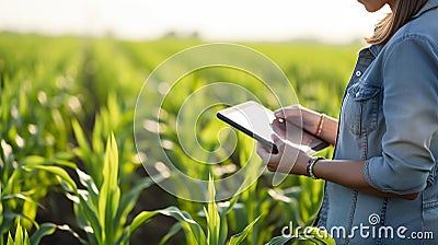 Female farmer hand using tablet in corn field with to keep digital tax record. generative ai Stock Photo