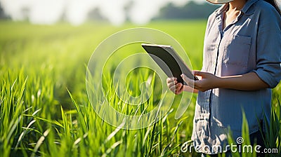 Female farmer hand using tablet in rice field with to keep digital tax record. generative ai Stock Photo
