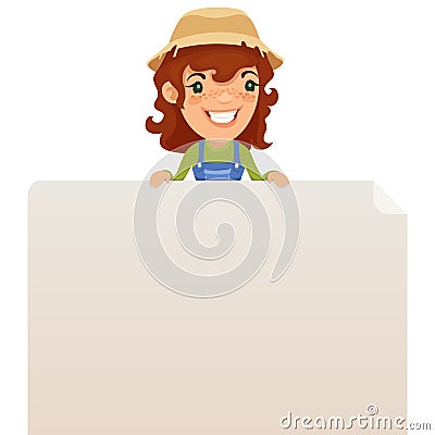Female Farmer looking at Blank Poster on Top Vector Illustration