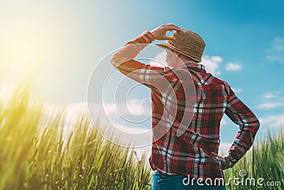 Female farmer looking at the sun on the horizon Stock Photo