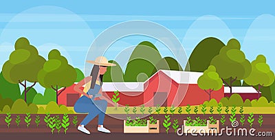 Female farmer planting agriculture seedlings african american woman agricultural worker gardening eco farming concept Vector Illustration