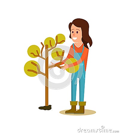 Female farmer planting tree vector icon Vector Illustration