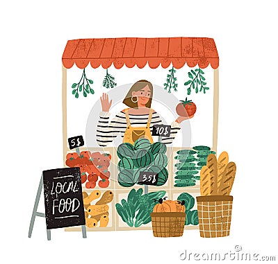 Female farmer selling fresh fruits and vegetables at stall at local food market place. Farm organic production concept Vector Illustration