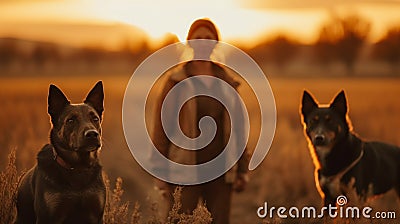 Female farmer standing in field with two working farm dogs Stock Photo