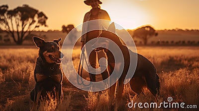 Female farmer standing in field with two working farm dogs Stock Photo