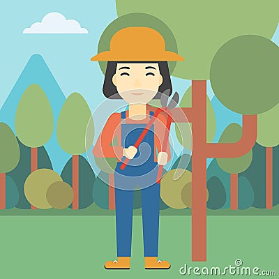 Female farmer using pruner vector illustration. Vector Illustration