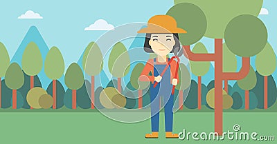 Female farmer using pruner vector illustration. Vector Illustration