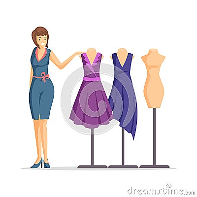 Female fashion designer flat vector illustration. Cheerful dressmaker, clothing seller, model cartoon character Vector Illustration