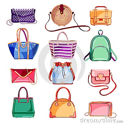 Female fashion elegant bags and purse icons and design elements set. Vector cartoon illustration Vector Illustration