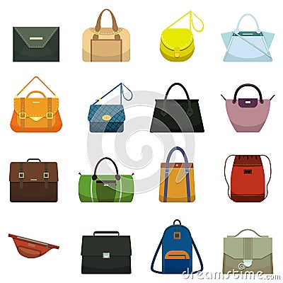 Female leather handbags and male accessory. Colorful handbag accessories, beauty bags and purse model collection vector Vector Illustration