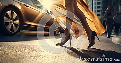 Female feet high heels running on sunny city street among cars and people silhouettes, hurrying a woman wearing high heels shoes Stock Photo