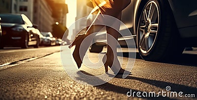 Female feet high heels running on sunny city street among cars and people silhouettes, hurrying a woman wearing high heels shoes Stock Photo