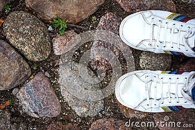 Female feet Top view Girl in white sneakers is standing on paving stones P Stock Photo