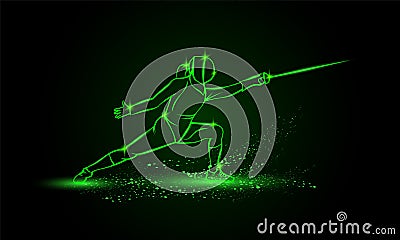 Female fencer in an attacking pose. Vector fencing sport green neon illustration. Vector Illustration