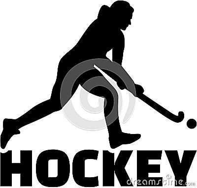 Female field hockey player with hockey word Vector Illustration