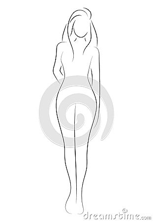 Female figure. Outline of young girl. Stylized slender body. Linear Art. Black and white vector illustration. Contour of Vector Illustration