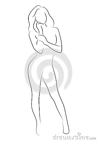 Female figure. Outline of young girl. Stylized slender body. Linear Art. Black and white vector illustration. Contour of Vector Illustration
