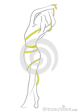 Female figure. Outline of young girl. Stylized slender body. Linear Art. Black and white vector illustration. Contour of Vector Illustration