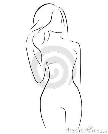 Female figure. Outline of young girl. Stylized slender body. Linear Art. Black and white vector illustration. Contour of Vector Illustration