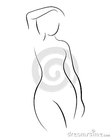 Female figure. Outline of young girl. Stylized slender body. Linear Art. Black and white vector illustration. Contour of Vector Illustration