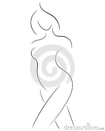 Female figure. Outline of young girl. Stylized slender body. Linear Art. Black and white vector illustration. Contour of Vector Illustration