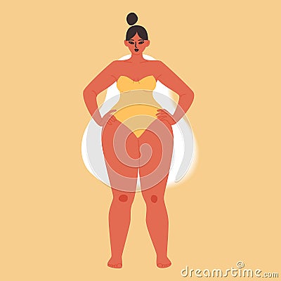 A female figure of the pear type. Cartoon chubby girl in a yellow strapless swimsuit. Vector stock illustration of a Vector Illustration