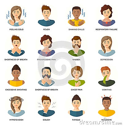 Female flat style characters with symptoms of hypothyroidism. Medical vector infographics, icons. Endocrinology illustration. Symp Vector Illustration