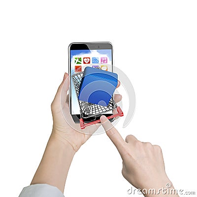 Female forefinger pushing shopping cart with app button on smart Stock Photo