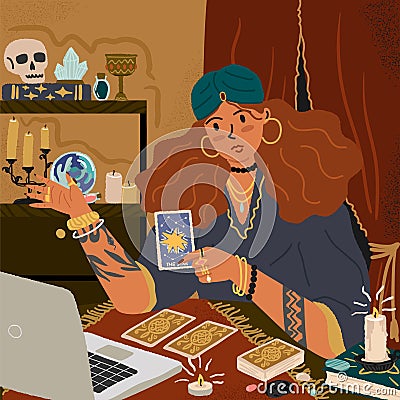 Female fortune teller using tarot cards to predict future online. Online spiritual seance and divination concept vector Vector Illustration