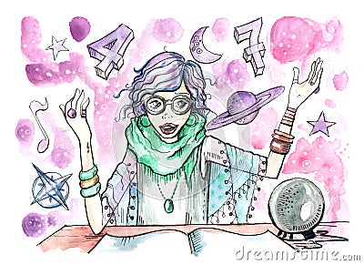 Female Fortuneteller with crystal ball and magic symbols all around her Cartoon Illustration