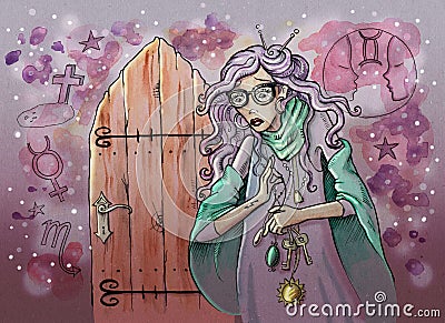 Female Fortuneteller with magic symbols all around her Cartoon Illustration